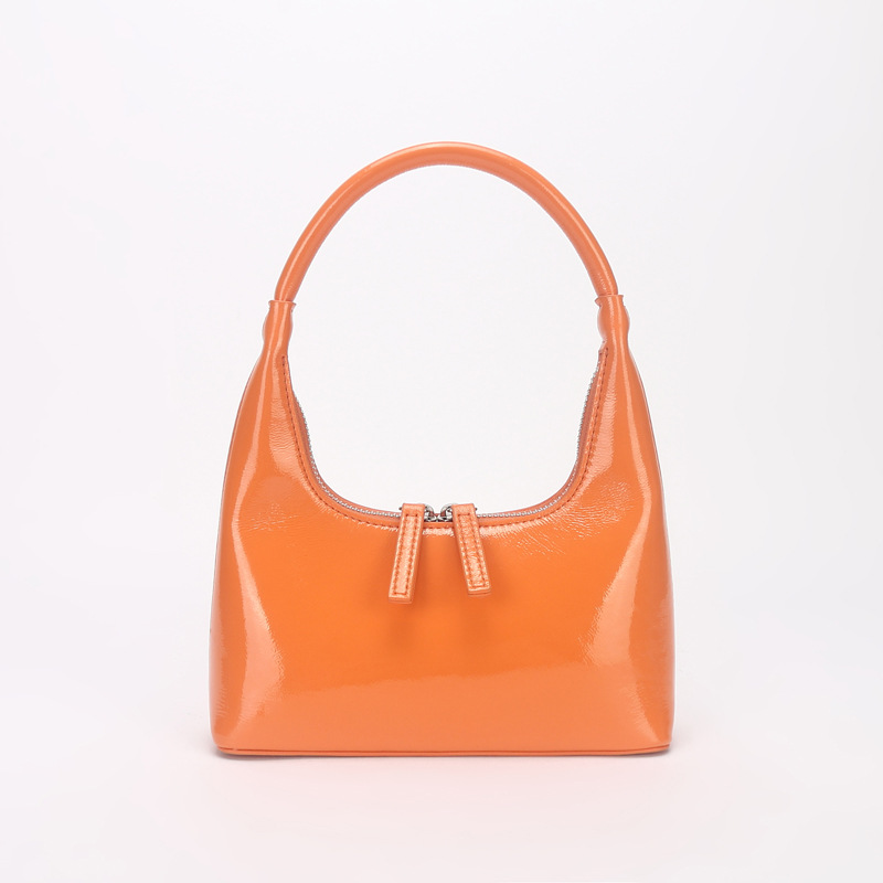 Women's 2022 New Niche Genuine Leather Hobo Bag French Vintage Patent Leather Underarm Bag Simple Handheld Baguette Bag - Thumbnail 7