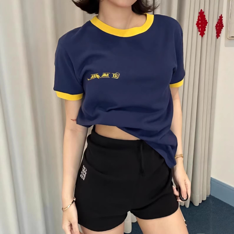 26 High Version Ch Cro New Style Contrast Color Collar Sanskrit Horseshoe Logo Print Slim Fit Women's Short Sleeve T-Shirt