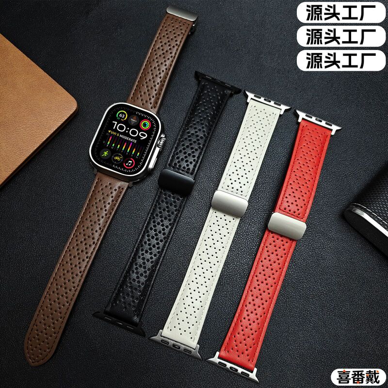 Suitable for Apple Watch iwatch S10/ultra2 strap with genuine leather magnetic buckle, breathable for Apple S9S8S7SE