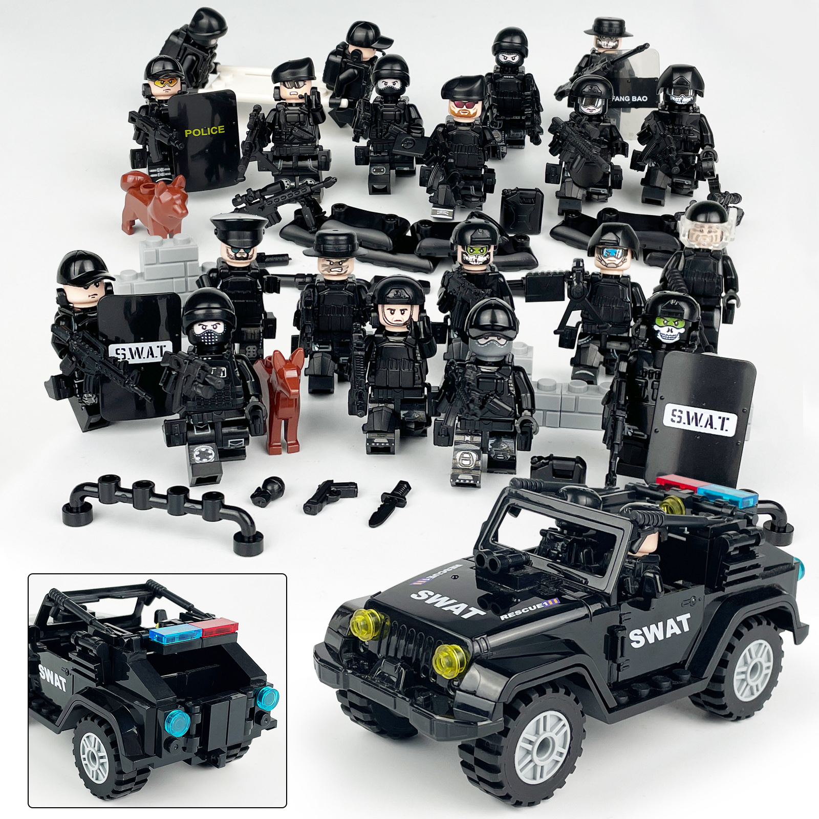 L-3套餐黑色吉普车小颗粒配件装备包特警人仔武器片跨境专供批发