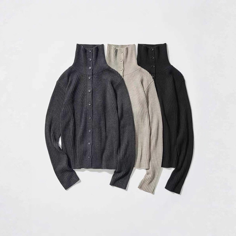 25 Autumn/Winter Women's Merino Wool Blend High Collar Turn-Down Collar Knitted Cardigan Stand Collar Sweater Jacket 480107