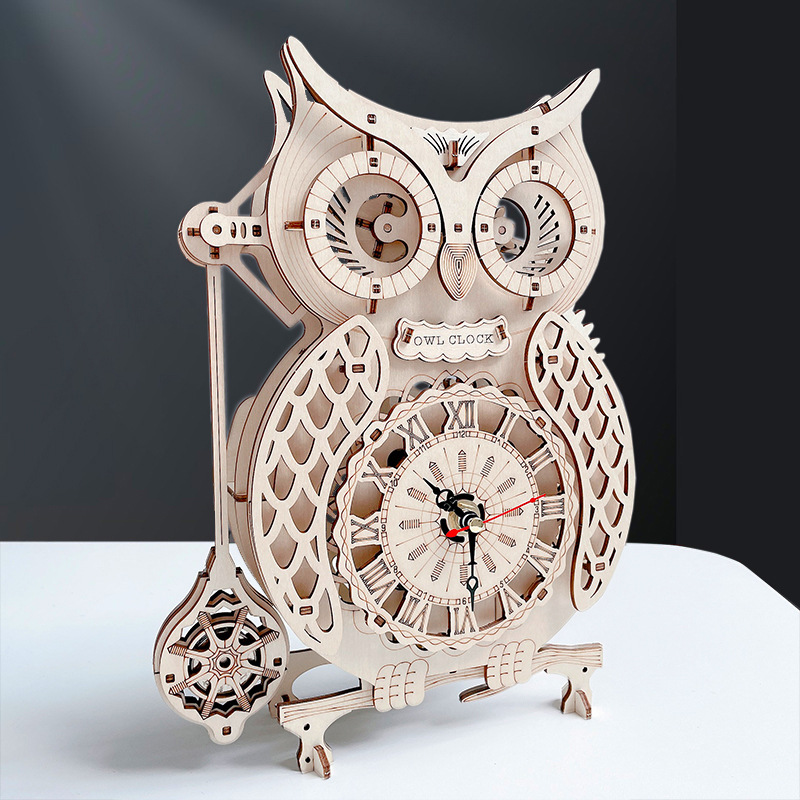 Creative 3D three-dimensional puzzle wooden owl clock difficult assembly model retro pendulum clock special-shaped puzzle