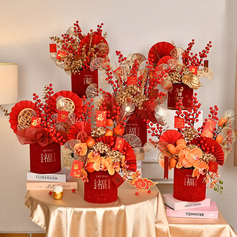 Celebración de Año Nuevo de hojas de oro de eucalyptus flores de barril de flores de simulación de material de cena de Año Nuevo flores falsas decoración del hogar