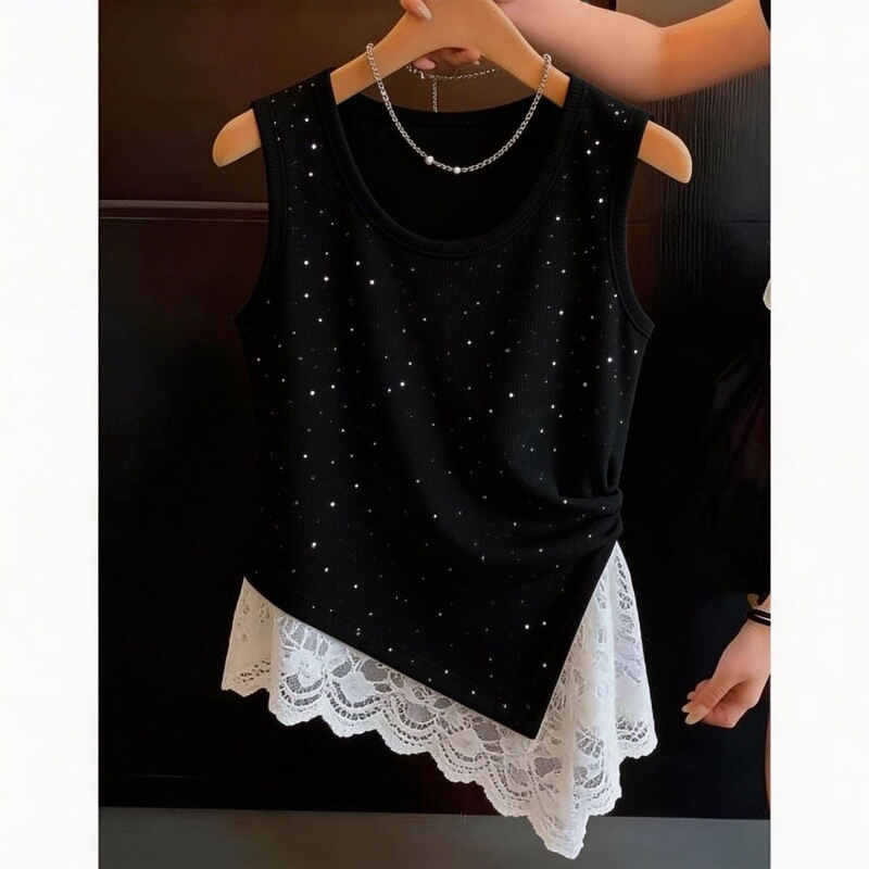 Ice Silk Ribbed Lace Trim with Irregular Design, Stylish Sequins, Niche Style, New Summer Women's Tank Top