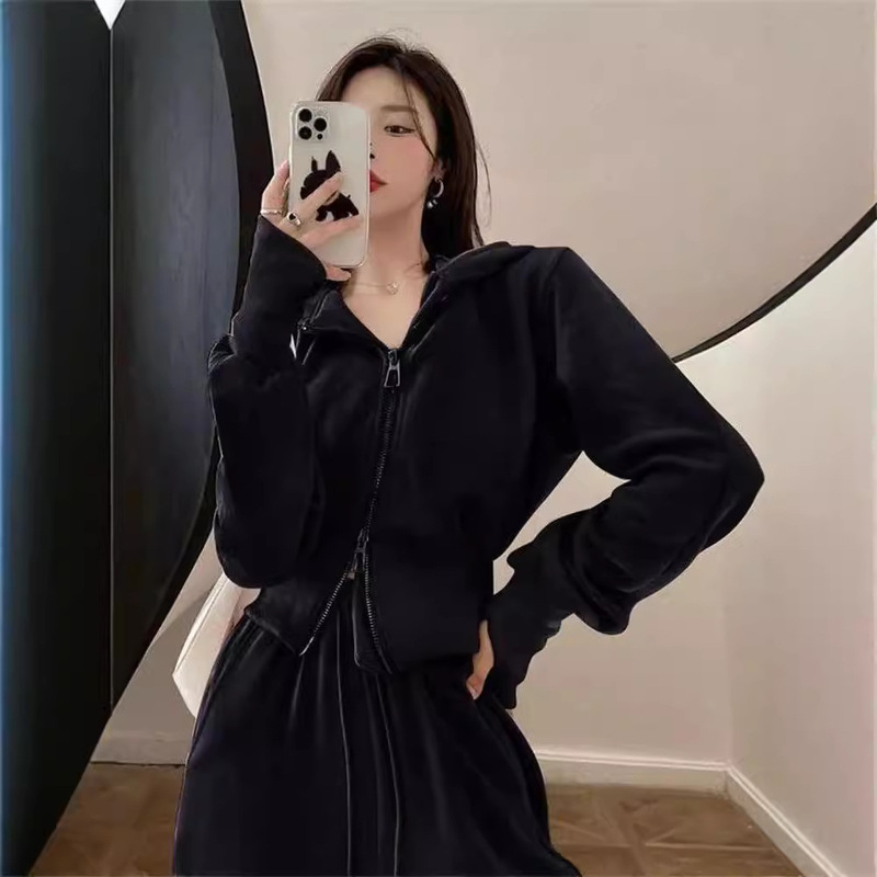 盐系休闲运动服套装女春秋港风复古宽松显瘦连帽卫衣时尚两件套|undefined