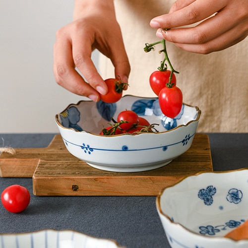 西田木雨花边平钵日式陶瓷餐具小清新浅碗家用釉下彩菜碗沙拉碗