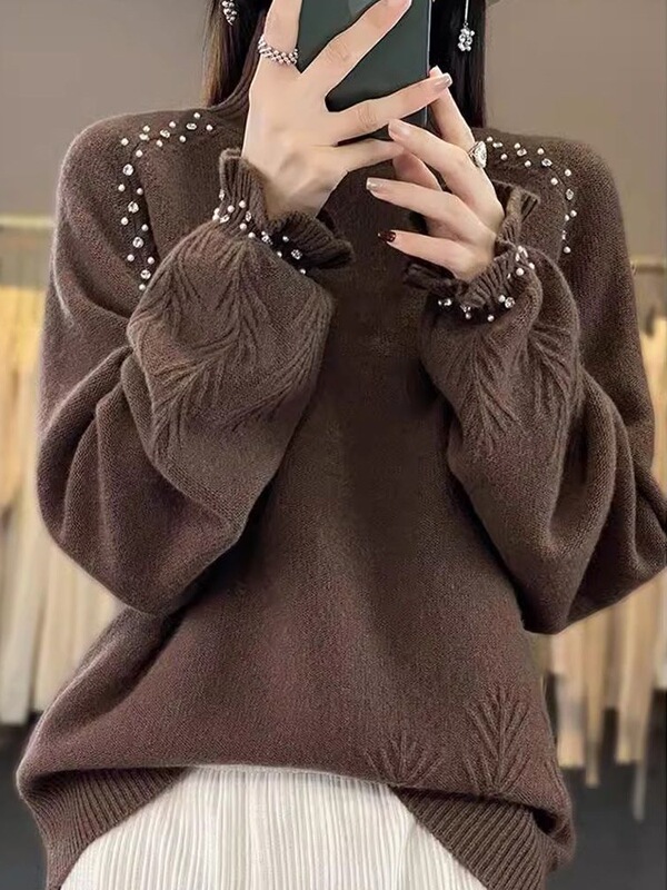 Gray Fashionable Floral Sleeve Knitted Bottoming Shirt for Women 2025 New Spring & Fall Inner Style Large Size Women's Autumn and Winter Sweater