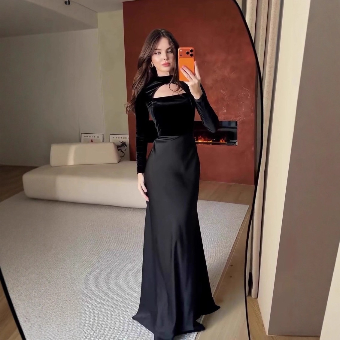 Amazon European and American Cross-Border 2025 Winter New Elegant Light Dress Style Long-Sleeved Long Skirt Slim Dress for Women