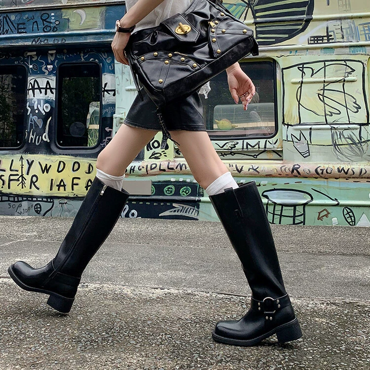 Ретро британский стиль сапоги женские металлические пряжки коричневые круглые головы пряные сапоги паровозные сапоги не толстые колено каблуки сапоги рыцаря