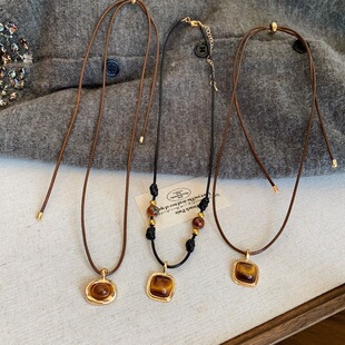Tiger's eye stone woven leather rope necklace women's autumn and winter 2024 new popular sweater chain retro style temperament all-match accessories