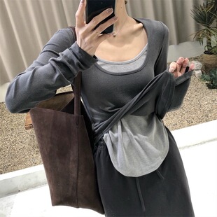 MM Pure Desire Two-piece Shoulder Long-sleeved T-shirt Women's 2024 Autumn Slim-fit Slimming Round Neck Color Matching Inner Base Shirt