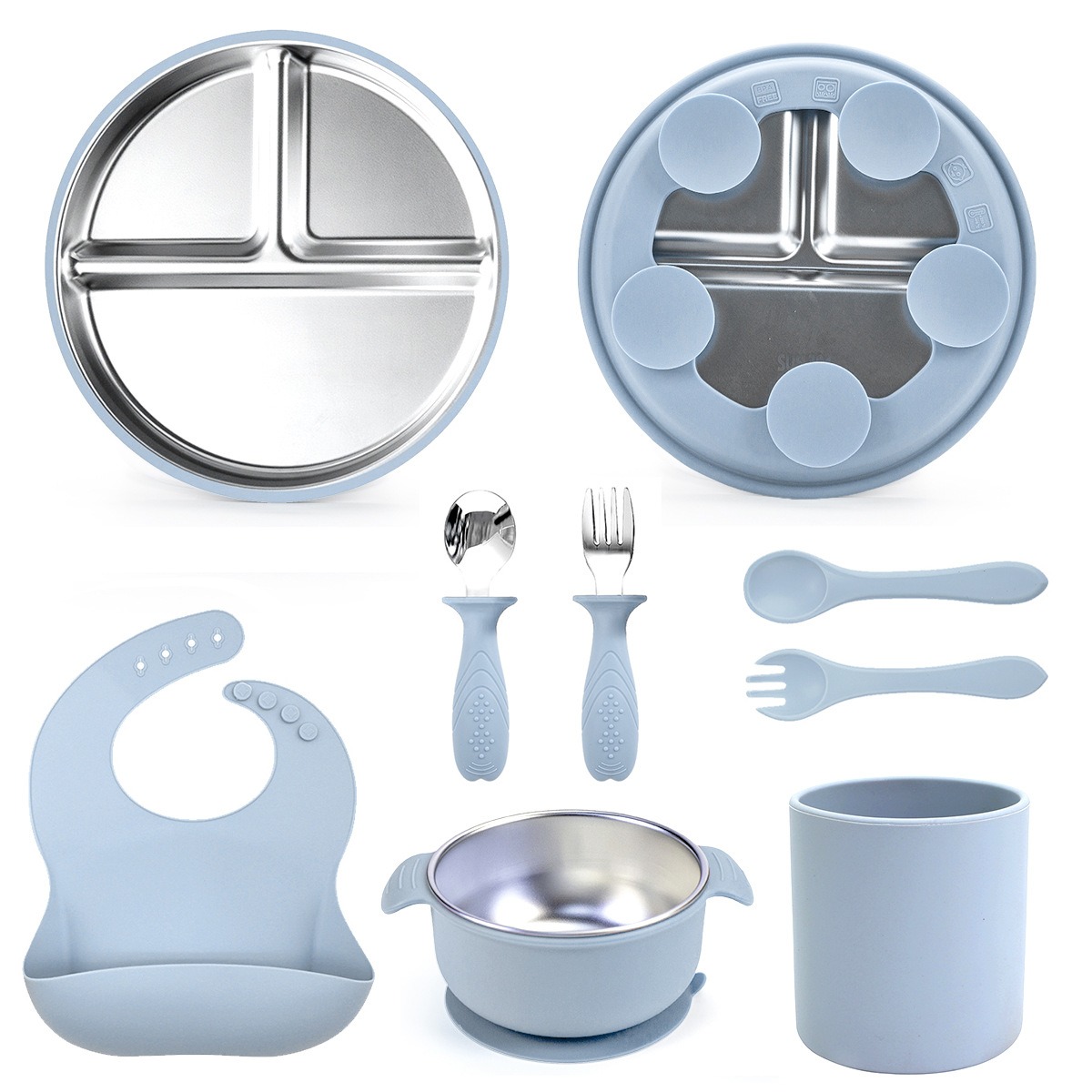 Plato de comida para niños cuenco de ventosas de silicona para bebés cuenco de alimentos suplementarios 304 plato de acero inoxidable para bebés con platos de comidas de ocho piezas