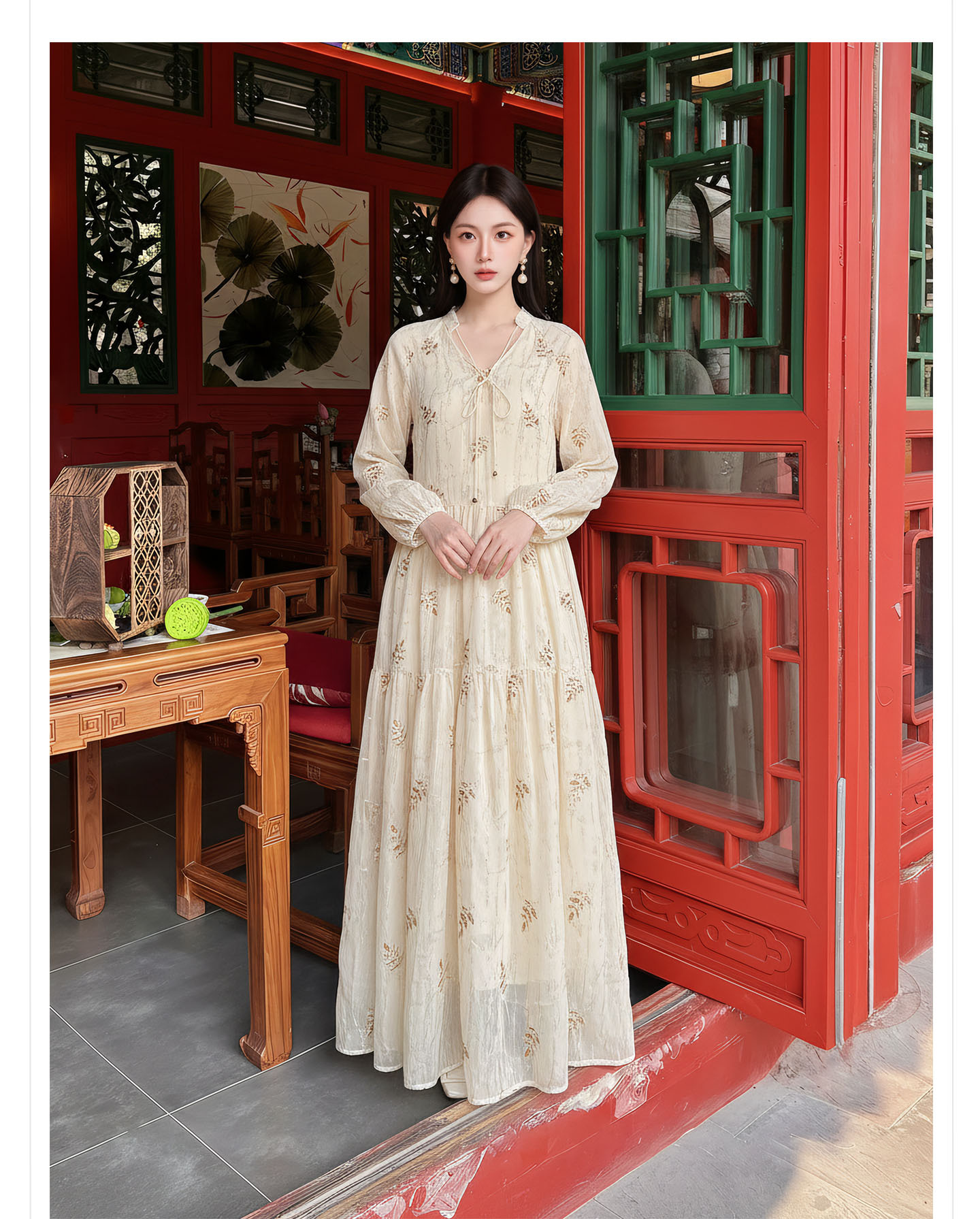 Đầm maxi nữ tay dài thiết kế eo thon phong cách tiểu thư sang trọng — màu mơ chi tiết 9