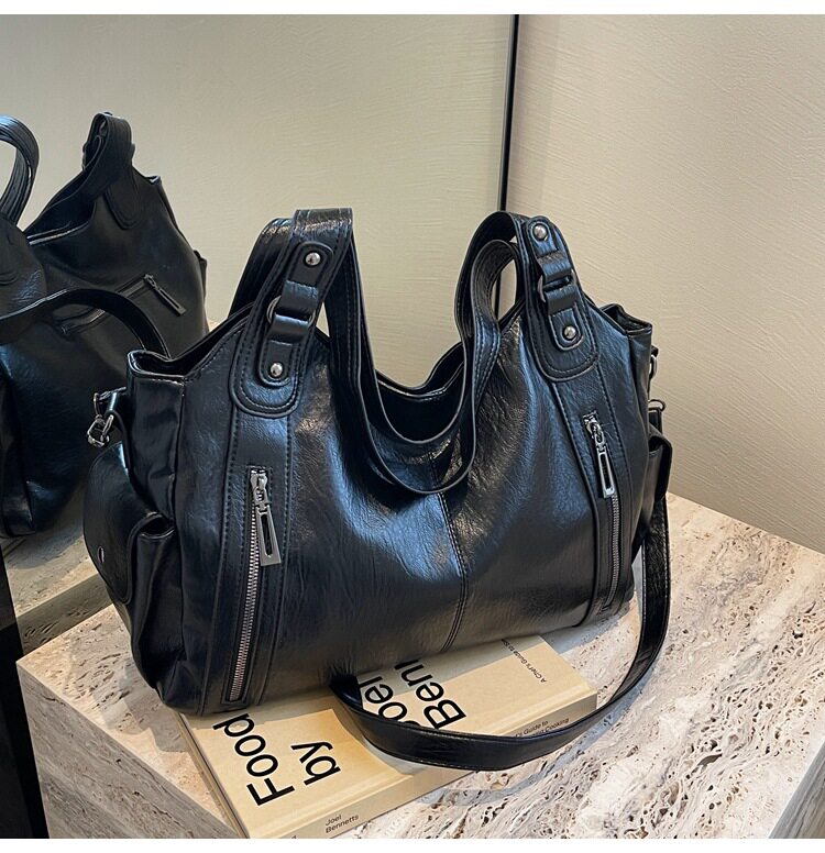 Túi tote nữ dung tích lớn đeo chéo đeo vai phong cách retro, chất liệu PU mềm — Màu cà phê, Màu nâu, Màu đen chi tiết 10