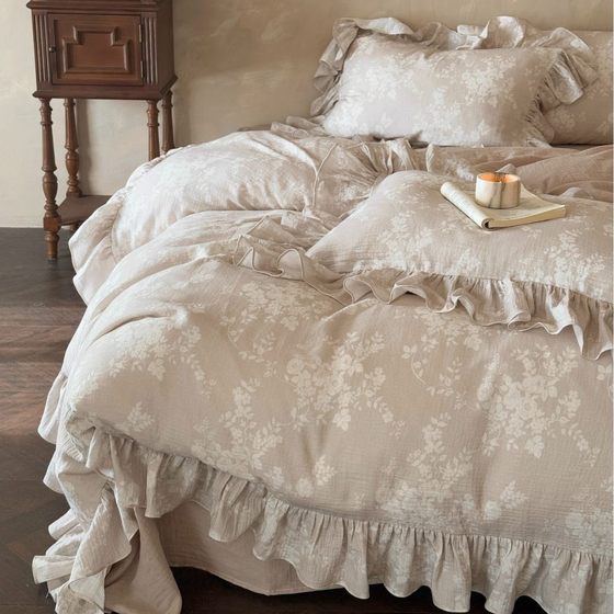 Zhiyao | French retro style cotton double-layer yarn four-piece set A cotton wrinkled yarn lace elegant gauze bedding