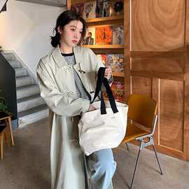韩版学院风春秋新款女纯色牛角扣外套日系百搭工装休闲中长款风衣