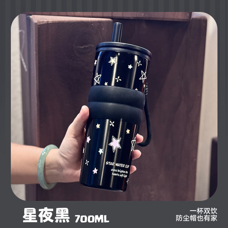 女性の高見えコーヒーカップ、ポータブルウォーターカップ、シンプルなセラミックライナー魔法瓶カップ、大容量カーストローカップ|undefined