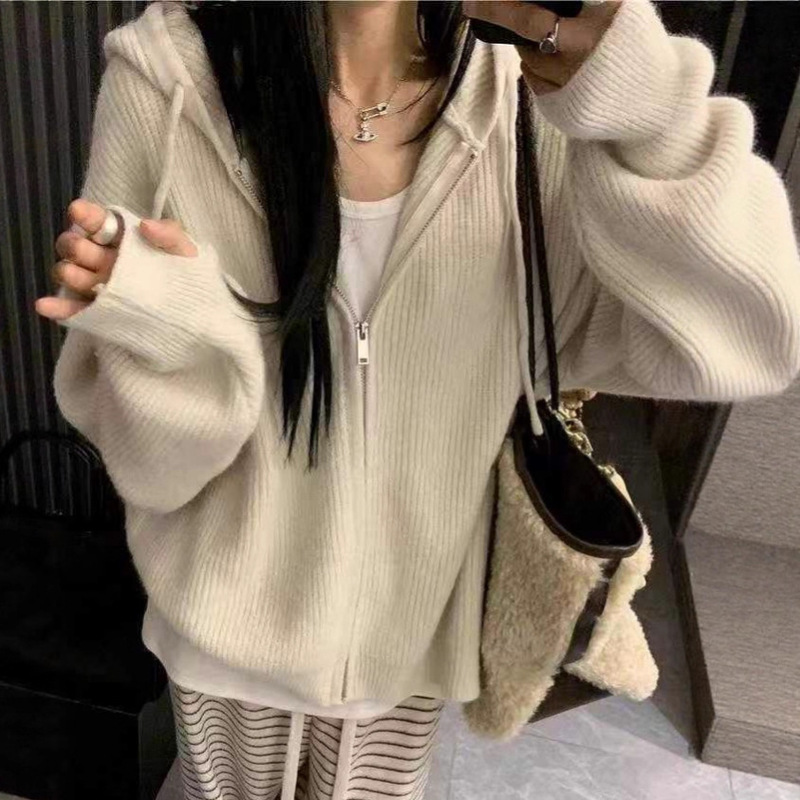 Korean Hooded Zipper Sweater for Women Spring and Autum 2025 New Style Lazy Knitted Cardigan Sweatshirt Jacket Korean Hooded Zipper Sweater for Women Spring and Autum 2025 New Style Lazy Knitted Cardigan Sweatshirt Jacket