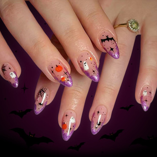 Medium Glossy Water Drop Nails 2025 Halloween Purple French Glitter Pumpkin Spider Web Ghost Wearable Nails 24 Pieces