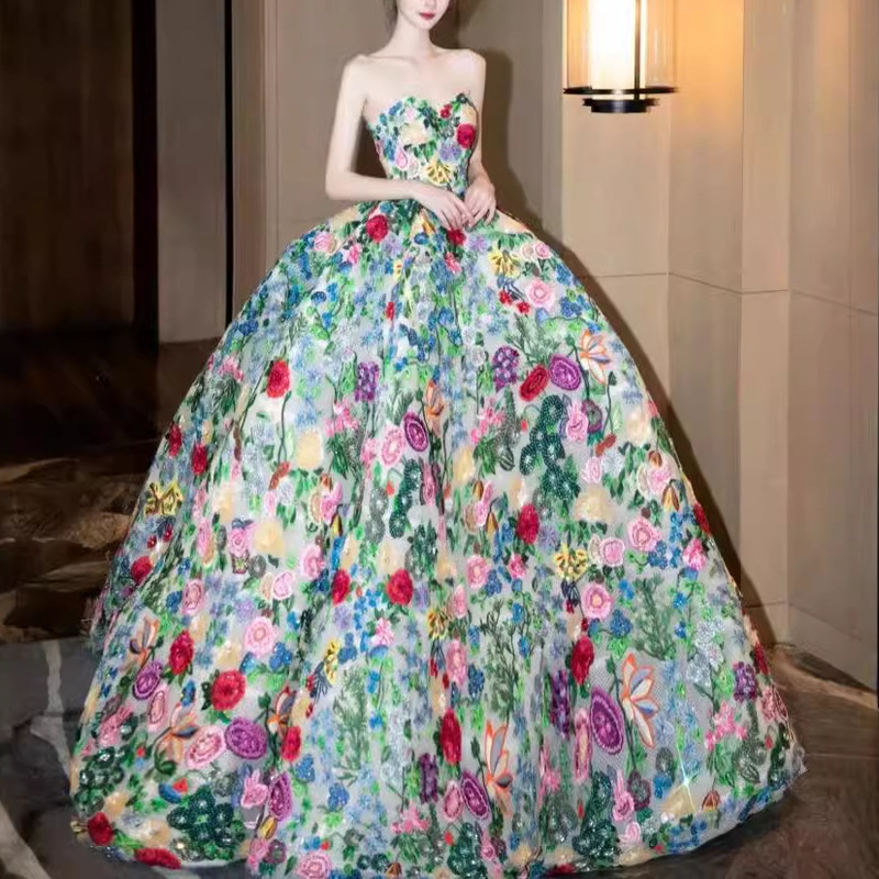 Monet Garden Travel Photography Wedding Dress Princess Dress 2026 New Style Strapless Palace Style Colorful Gauze Wedding Dress Evening Dress Tutu Skirt