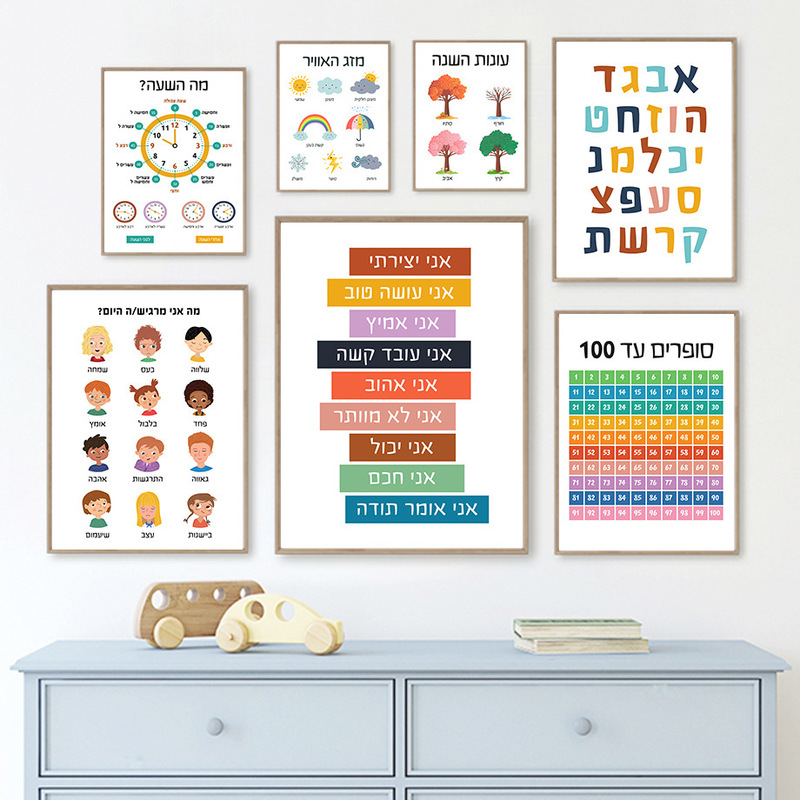 Hebrew alphabet number day time wall art canvas drawing children's room decoration