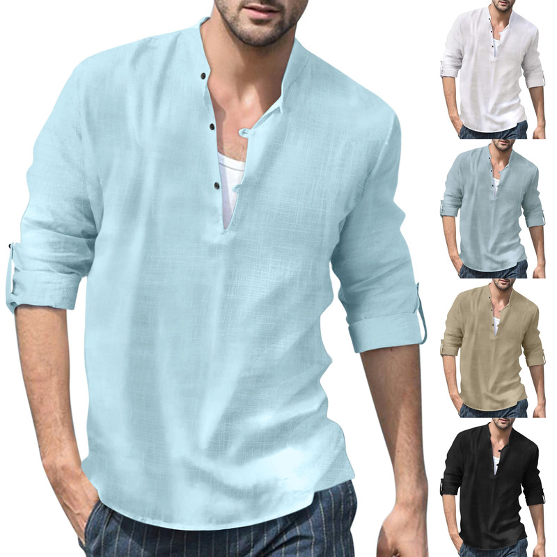 2022 Amazon Independent Station Foreign Trade Fall/Winter Men's Linen Henry Shirt Stand Collar Long Sleeve Casual Beach Shirt