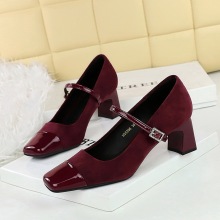5296 Korean style fashionable women's shoes, thick heel, mid heel, shallow mouth splicing, square toe, straight cut with rhinestone buckle, single shoe, Mary Jane shoes