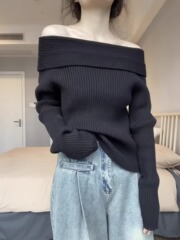 一字肩针织衫毛衣女露肩慵懒风秋季新款漏肩设计感黑色一字领上衣