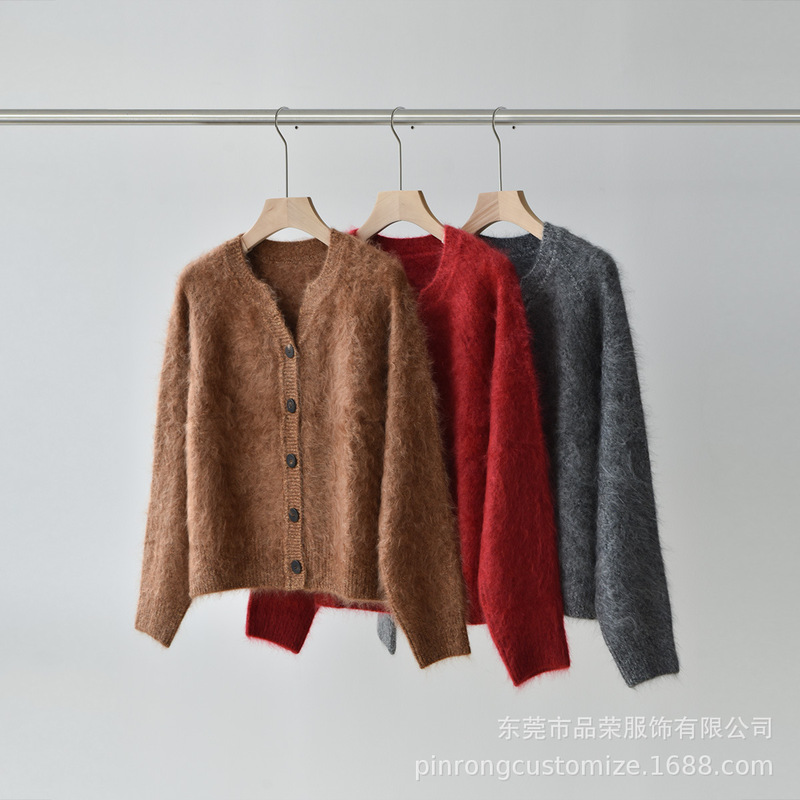 Pinrong 25 Autumn and Winter New Pure Color V Neck Lazy and Relaxed Brushed Cashmere Long-Sleeved Button Knitted Cardigan Top