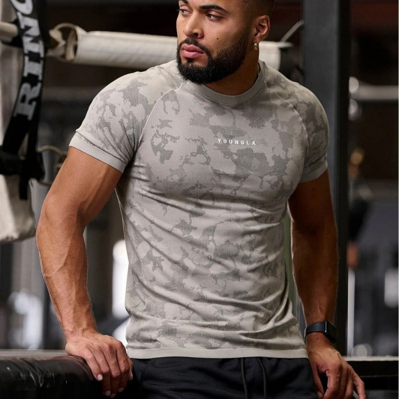 Youngla New Men's T-Shirt Camouflage Sports Fitness Tights Jogger Gym Running Training Clothes