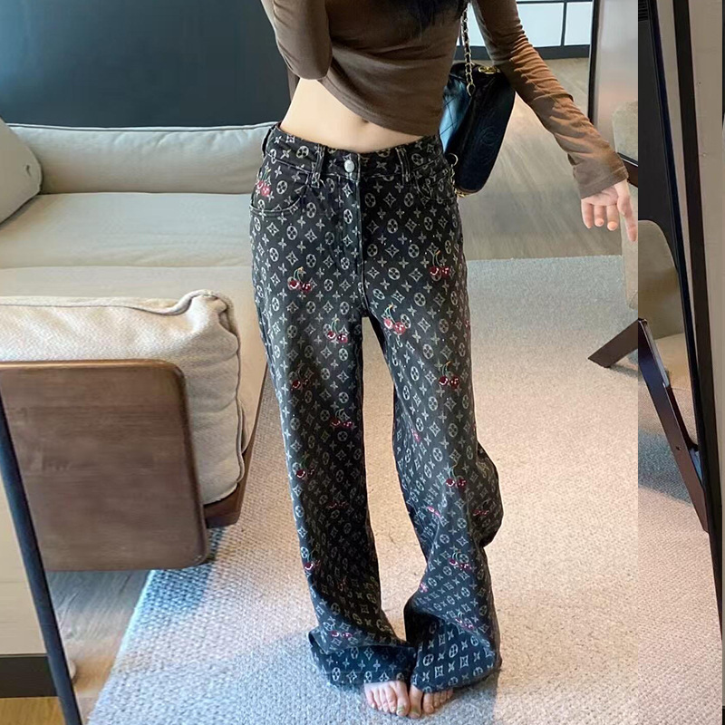 高级感时尚印花牛仔裤女秋季新款高腰显瘦宽松百搭休闲阔腿长裤|undefined