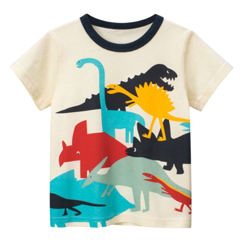 Ropa infantil europea y americana, nuevo estilo de verano 2026, camisetas de manga corta para niños, ropa infantil con dibujos animados de dinosaurios, ropa para bebés al por mayor