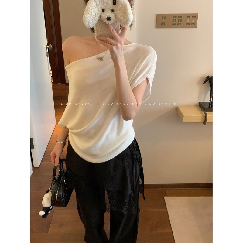 E Go Studio 100 Tencel Ice-Feel Silky Drape Collar, Can Be Worn as One-Shoulder or Off-Shoulder, Old Money Relaxed Style Knit T-Shirt