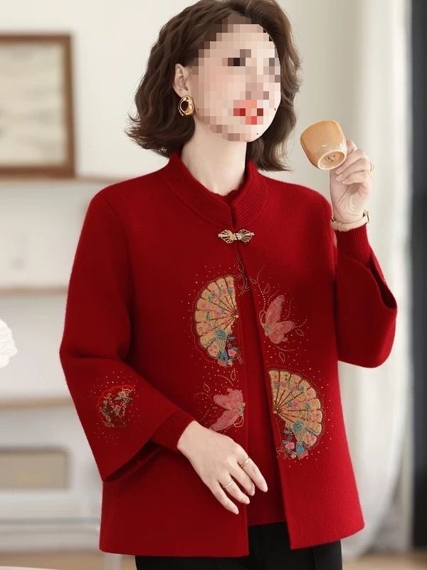 2025新中式妈妈秋装针织两件套中老年女秋冬国风毛衣时尚开衫外套