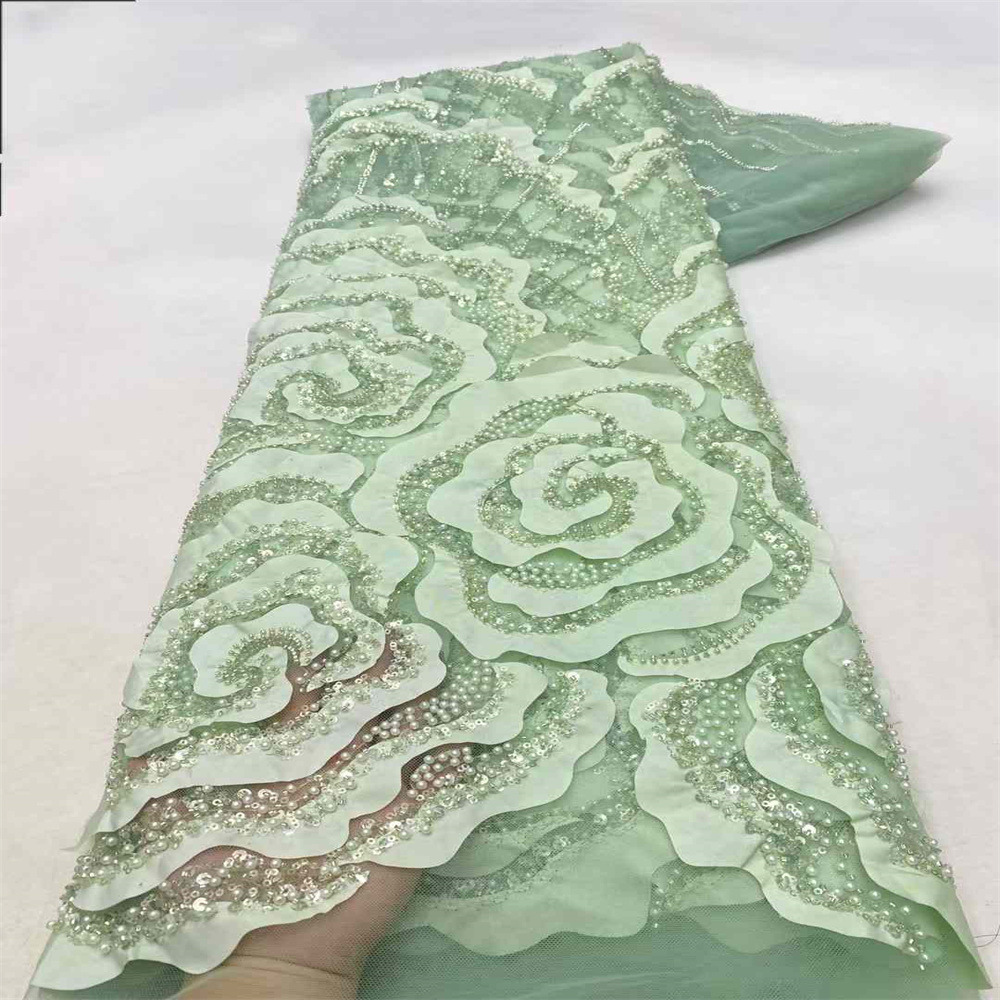 3D flor estereoscópica tubo de cuentas bordado tela hecha a mano clavado flor bordado sequilla encaje tela de vestido Tejido de encaje