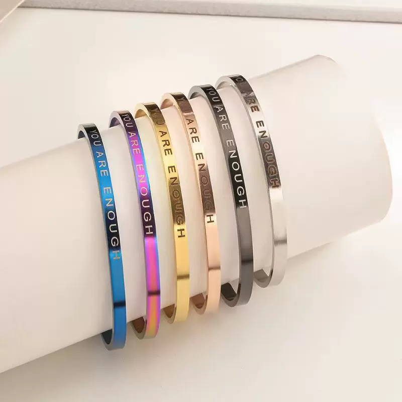 欧美跨境爆款C型钛钢手镯开口可调节手环刻图案文字logo