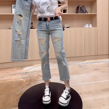 欧美大码2025夏新款高腰破洞直筒牛仔裤胖mm弹力显瘦八分烟管裤女