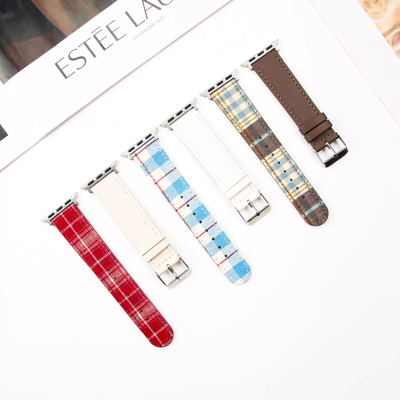 新品适用于apple watchS11 S10/9/8/SE/7皮质拼格子布苹果表带