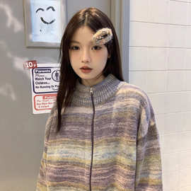 慵懒风彩虹条纹覆古秋冬立领拉炼毛衣开衫外套2025新款针织上衣女