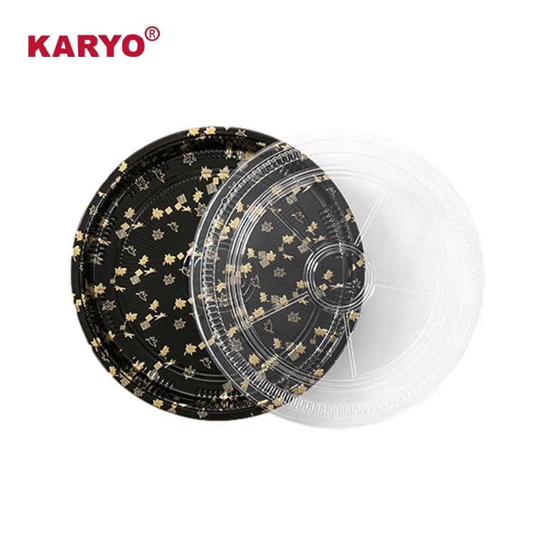 382一次性外卖刺身拼盘深底平盖圆盘印花大圆盘寿司盒塑料打包盒