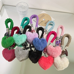 秋冬款白毛絨愛心掛墜手機掛繩純色麻花繩短款手腕帶拍立得掛鏈女