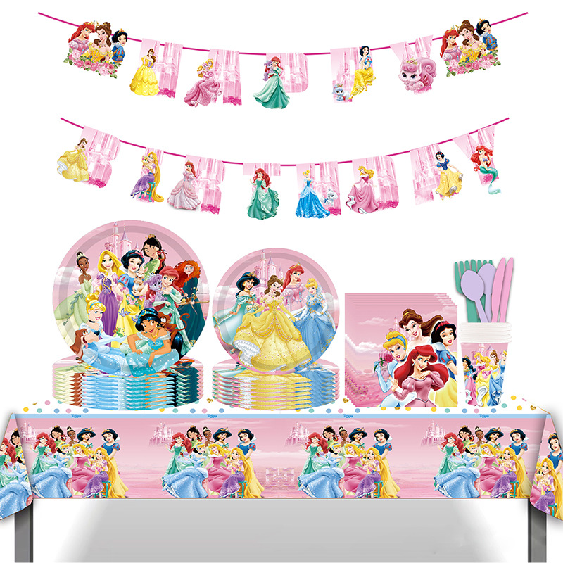 Animation Cartoon Princess Theme Birthday Party Tableware Girls Holiday Party Paper Plate Flag Tissue Party Supplies