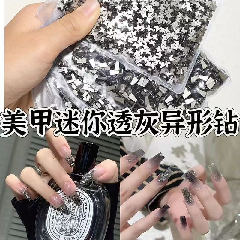 Nail Art Glass Diamond Nail Decorations Trendy Dark Black Small Flat-Bottomed Irregular Diamond Super Shiny Translucent Gray Nail Diamond