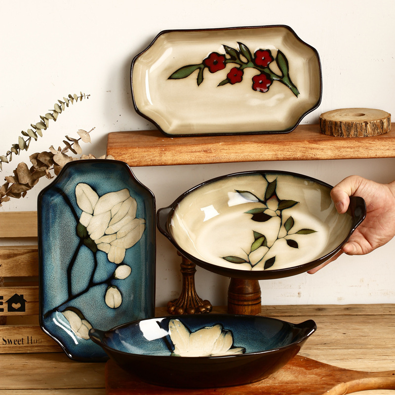 Flor pintada a mano de cerámica plato de pescado grande horno cambio creativo Placa de doble oreja hogar plato profundo bajo vidriado color a juego plato de sushi grande