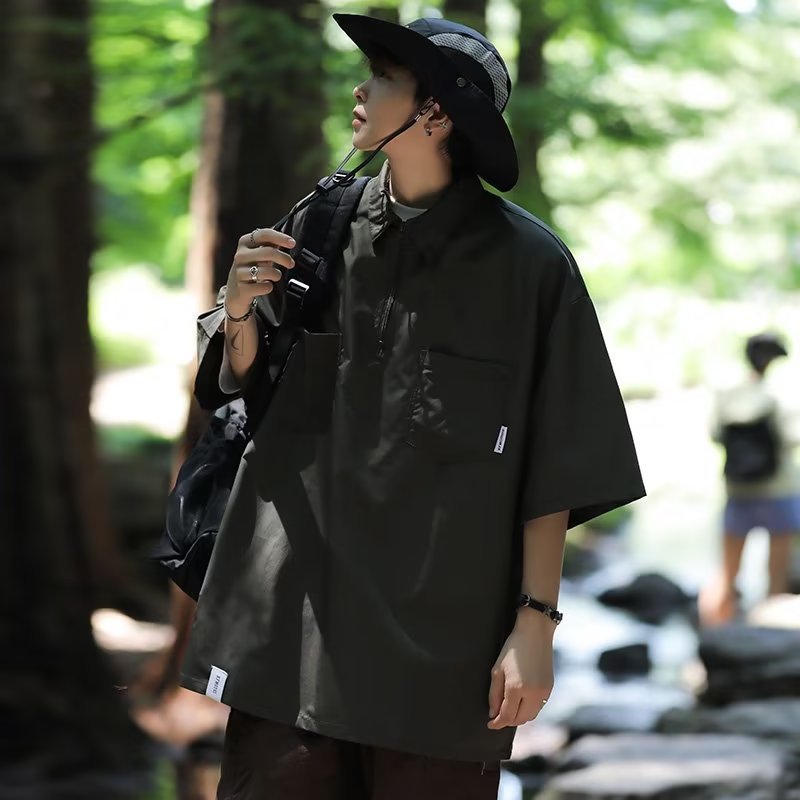 boy Japanese Style Half-Zip Polo Short Men's Summer Heavyweight Workwear Shirt T-Shirt Trendy Brand Retro Half Sleeve Top_voghion.com