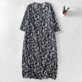 实拍 夏季新品印染盐缩碎花棉休闲半袖宽松连衣裙图片色拼接