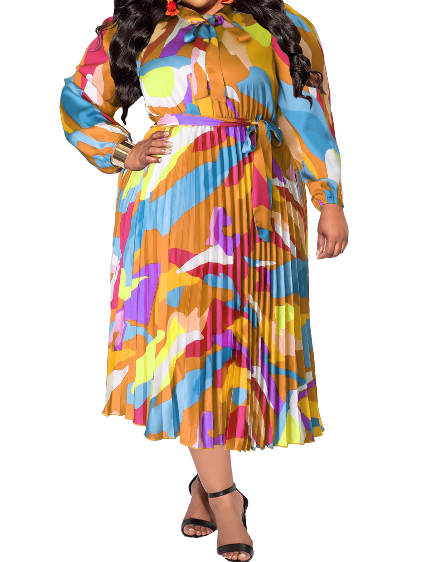 Damen Plus Size Plissee Kleid Mit Kragen Und Langen Ärmeln_voghion.com