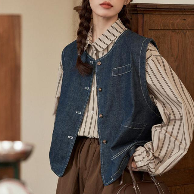 Japanese Retro Denim Vest Jacket for Women, Spring and Autumn Fashion New Outerwear Layered Shirt Vest