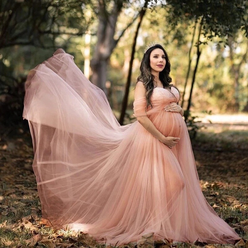 Foreign Trade Sheer Evening Gown with Long Train for Maternity Photography, Off-Shoulder Gentle Maternity Photo Shoot Dress, Long Style Foreign Trade Sheer Evening Gown with Long Train for Maternity Photography, Off-Shoulder Gentle Maternity Photo Shoot Dress, Long Style