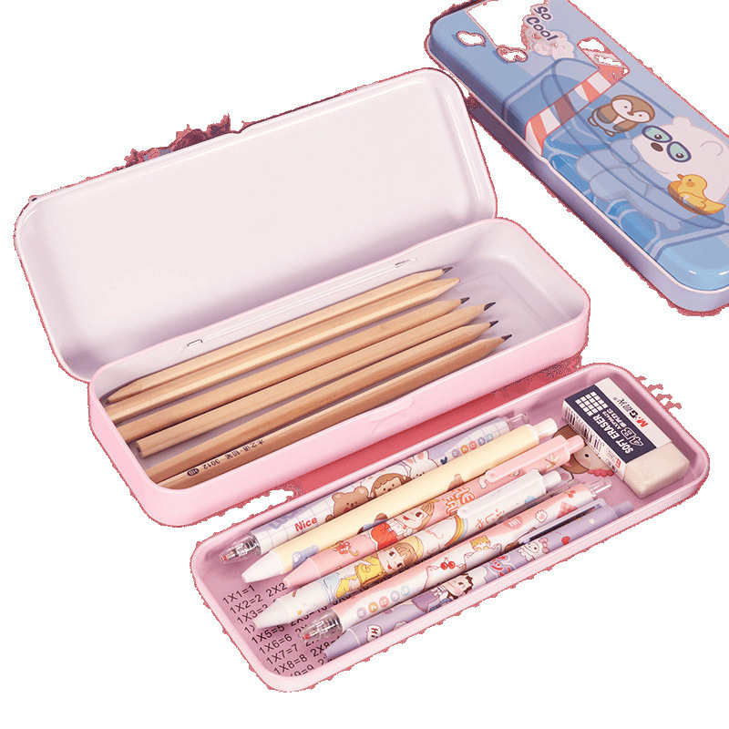 小学生のブリキの文具箱、二層の文具箱、かわいい漫画の男の子と女の子の筆箱、掛け算表付き|undefined